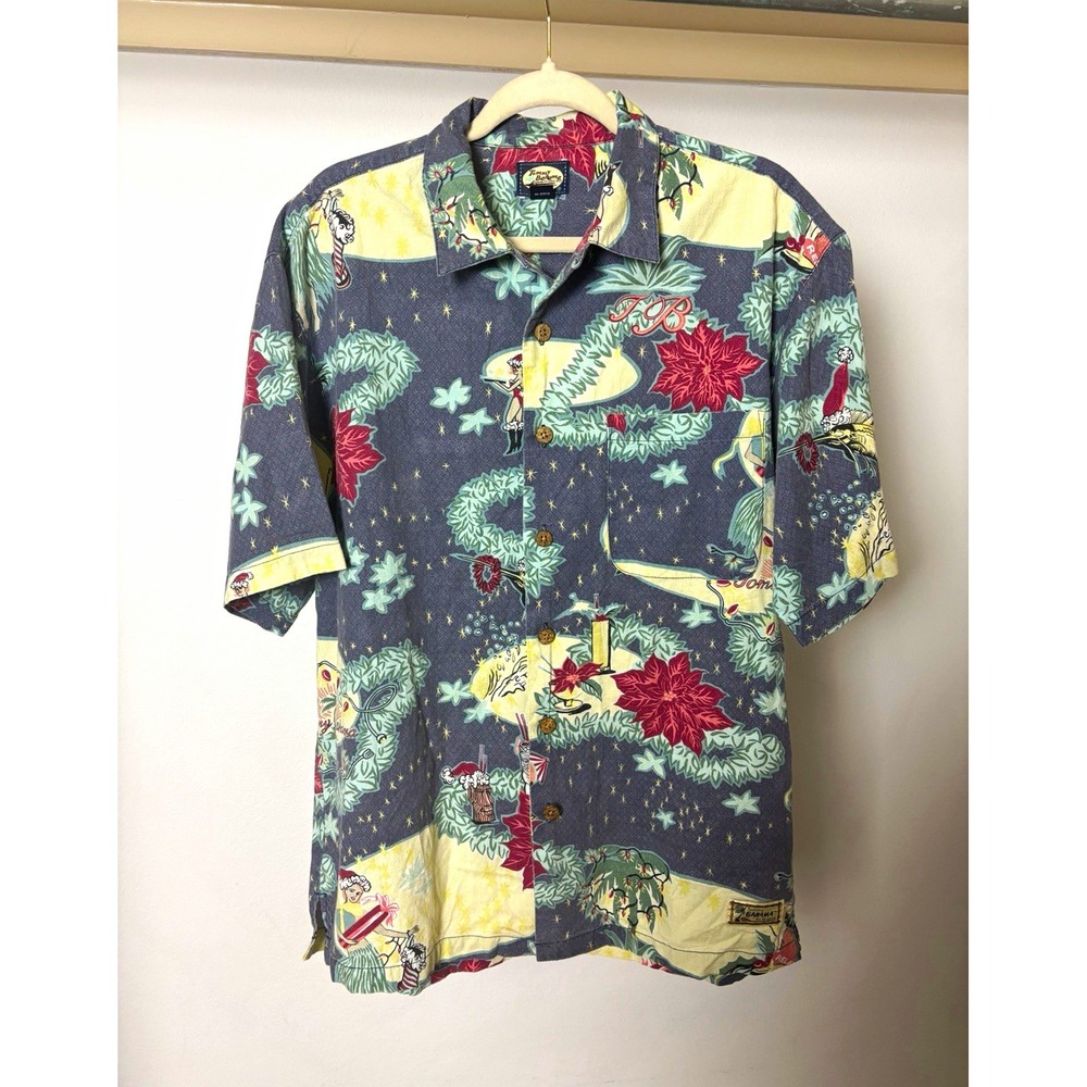 Tommy Bahama Men's M Blue Christmas Santa Graphic Rayon Short Sleeve Button-Up